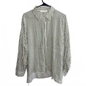 Floral & Vine Striped Button Shirt Green White Spring Vintage L Relaxed Fit